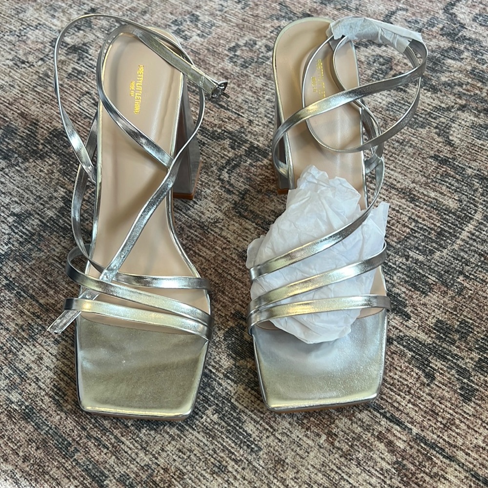 Silver Strappy Block Heeled Sandal